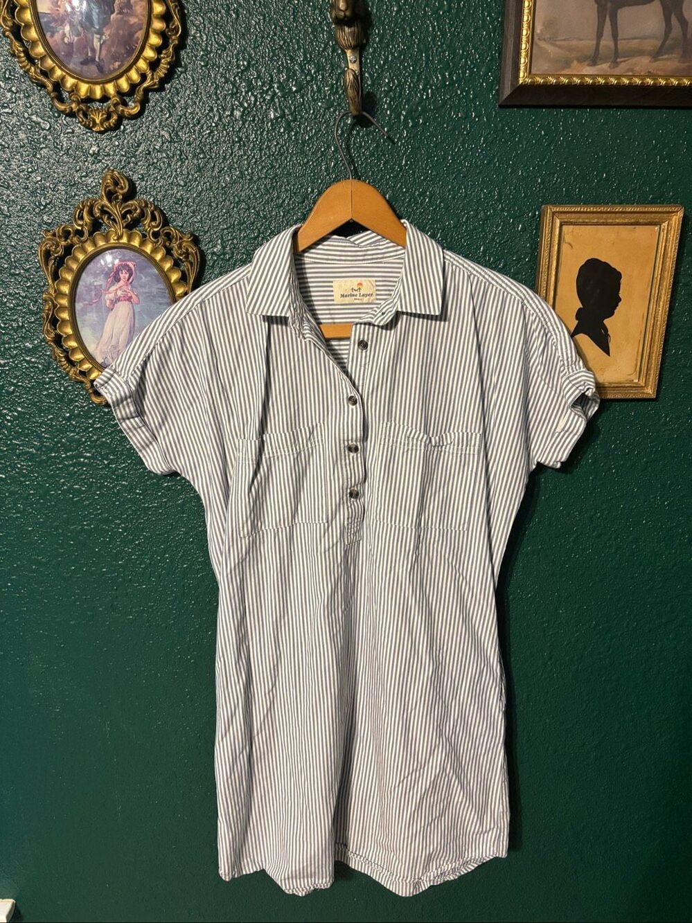 Marine Layer Womens Striped Button-Front Short Sleeve Shirt Dress Small Blue